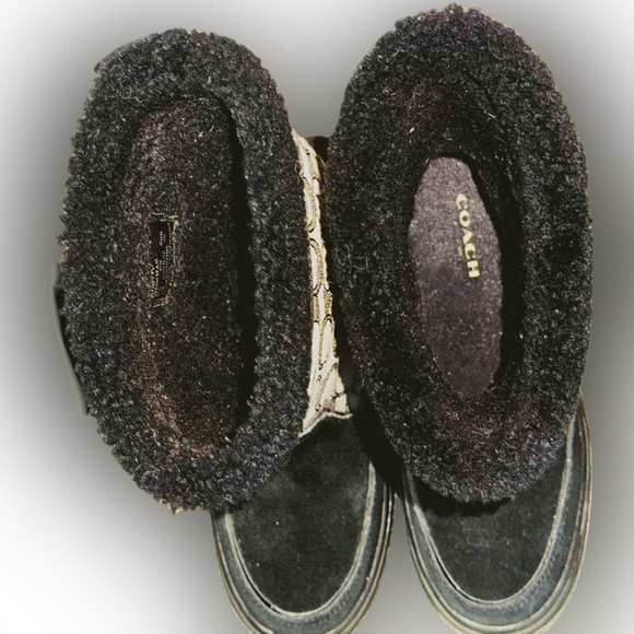 Coach Sherman Winter Boots Fleece Lined Black Suede Logo Print Booties US 5 - Picture 3 of 11